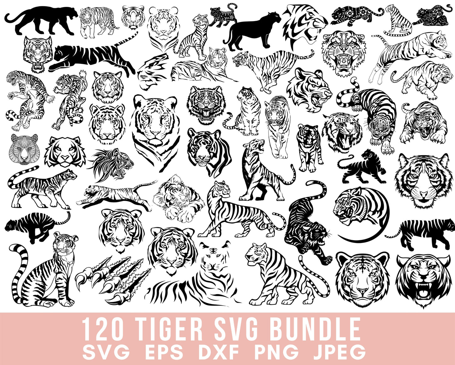 120 Tiger SVG Bundle Tiger Vector Tiger Silhouette Tiger Clipart Tiger cut file Year of the Tiger head wildflife animal Svg files for cricut
