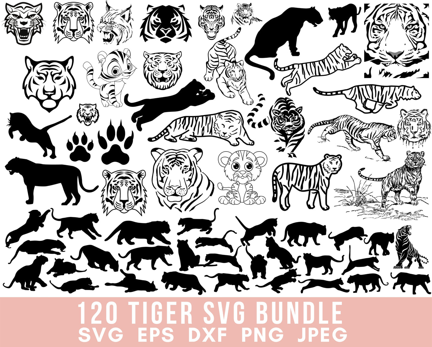 120 Tiger SVG Bundle Tiger Vector Tiger Silhouette Tiger Clipart Tiger cut file Year of the Tiger head wildflife animal Svg files for cricut
